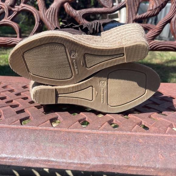 💋Kanna Brown Suede Leather Fringe Slingback Platform Wedge Open Toe Sandal - Picture 5 of 10